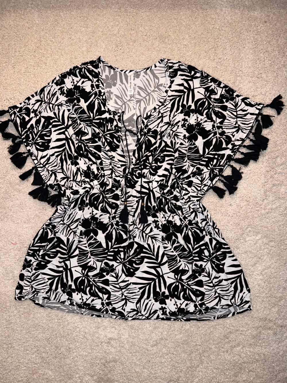 Lane Bryant Black and White Tropical Print Swim Coverup with Tassels